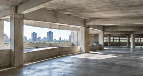 Open concrete parking garage with daylight through perimeter openings